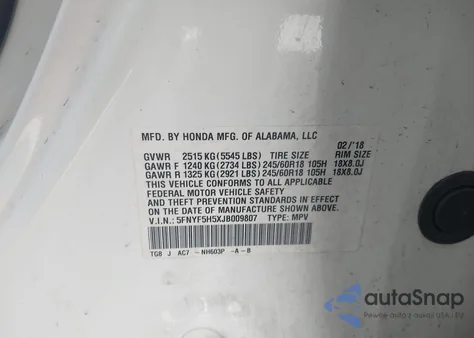 2018 Honda Pilot Ex-L из США, поврежденный, VIN 5FNYF5H5XJB009807